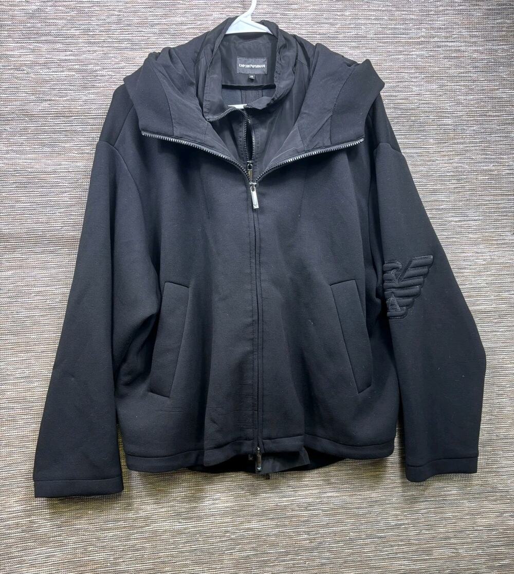 Emporio Armani Jacket Mens Size EU 48 US XL Black Hooded Softshell Zip Logo